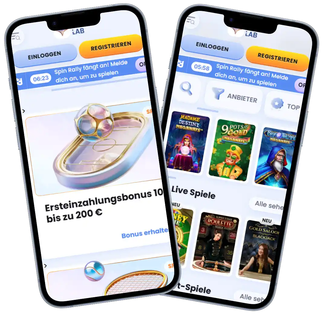 CasinoLab Casino mobile Ansicht mit Spielen Bonusangeboten und Benutzeroberfläche auf Smartphones