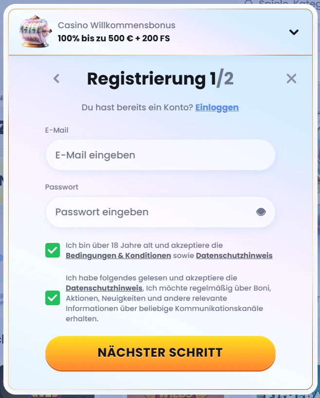 CasinoLab Casino Registrierung Formular mit Willkommensbonus bis 500 Euro und 200 Freispiele