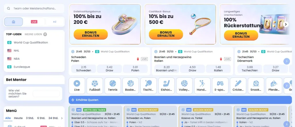 CasinoLab Casino Sportwetten Bereich mit Bonusangeboten Live Spielen und Wettquoten Übersicht