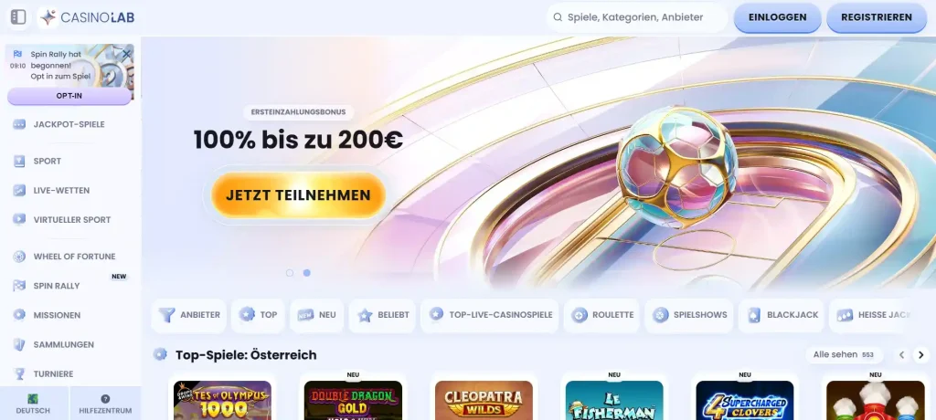 CasinoLab Casino Startseite mit Bonus Banner bis 200 Euro Navigation und Spiele Kategorien Übersicht